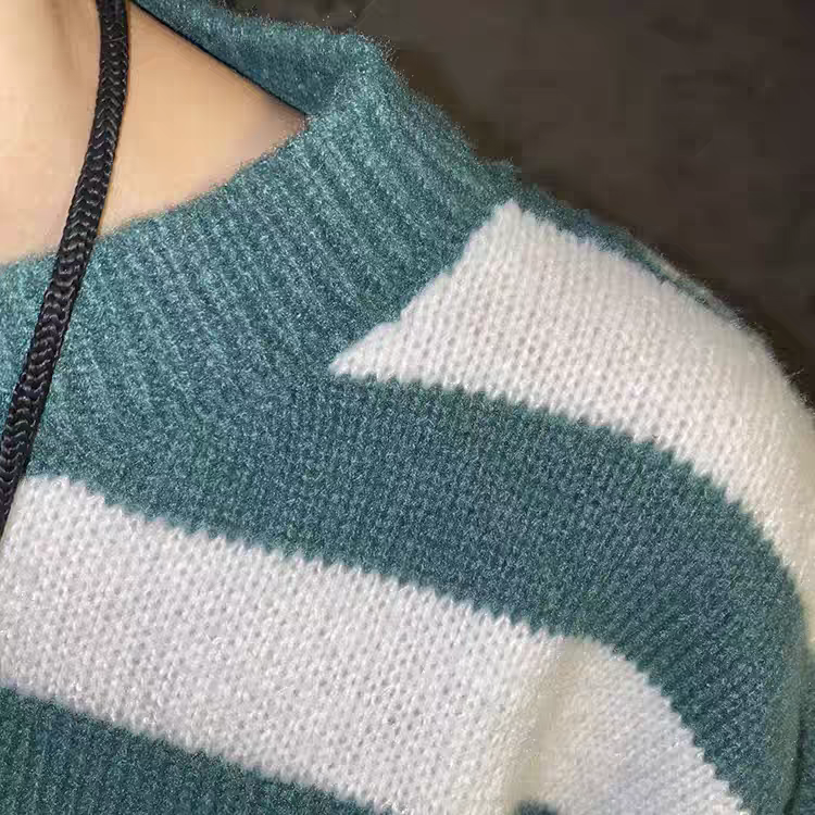 日系休閒寬鬆條紋拼色毛衣-細節圖7