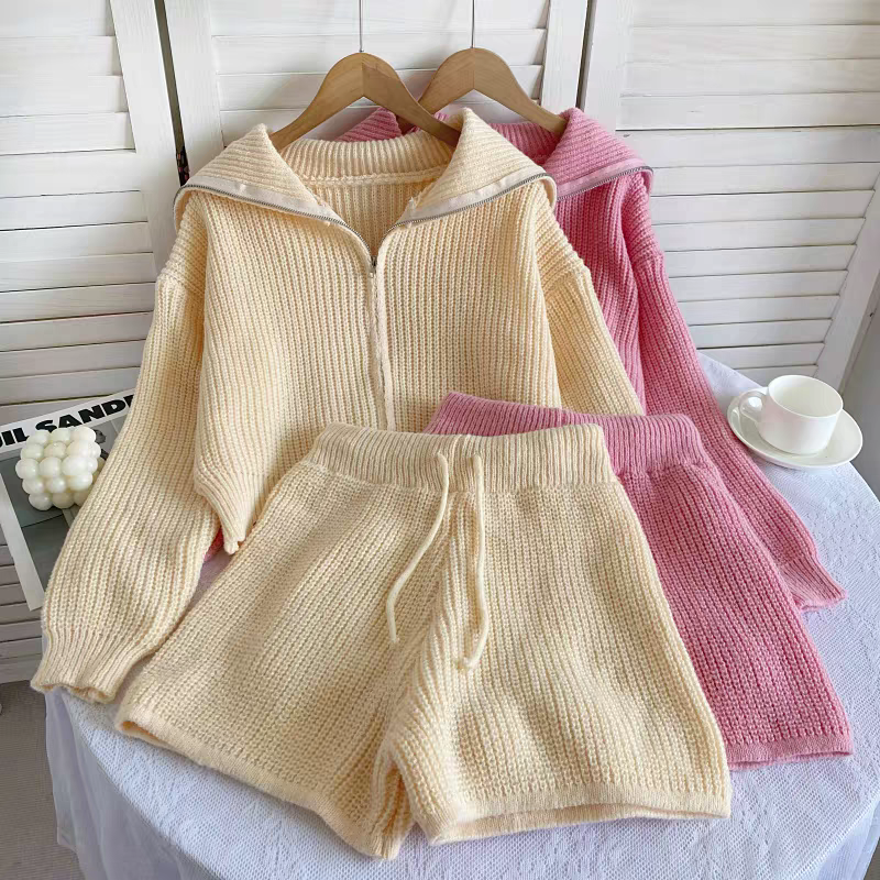 質感時尚針織翻領拉鍊外套+抽繩短褲兩件組套裝-細節圖2