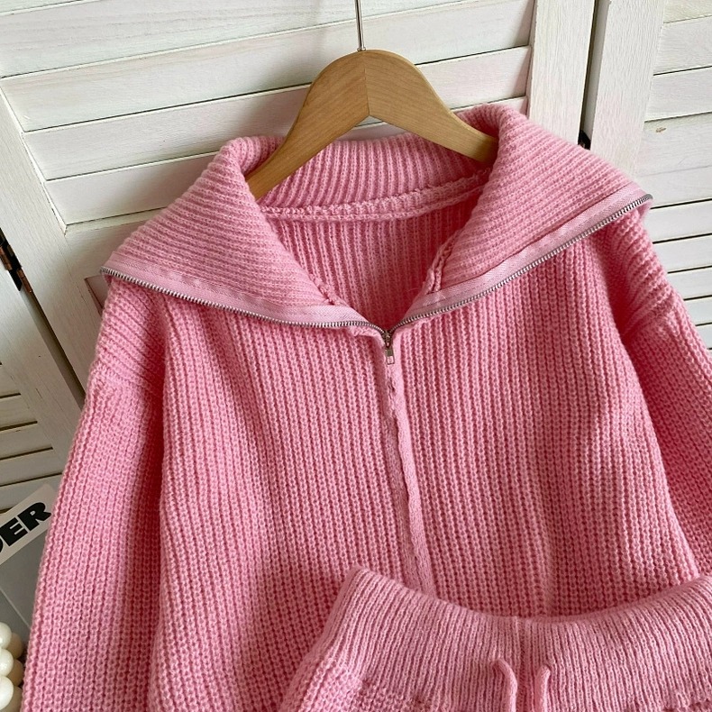 質感時尚針織翻領拉鍊外套+抽繩短褲兩件組套裝-細節圖4