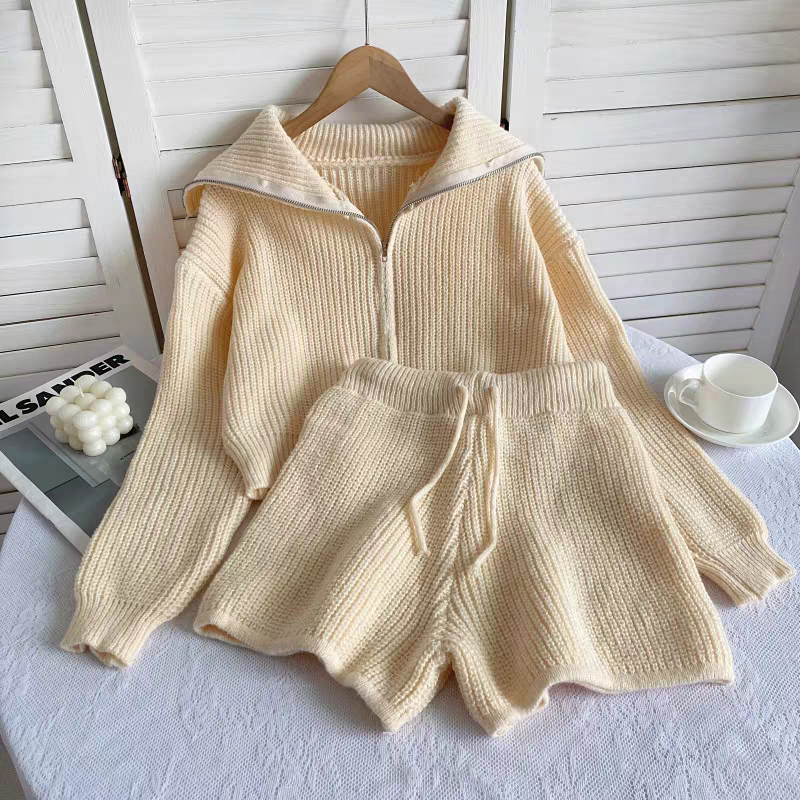 質感時尚針織翻領拉鍊外套+抽繩短褲兩件組套裝-規格圖8