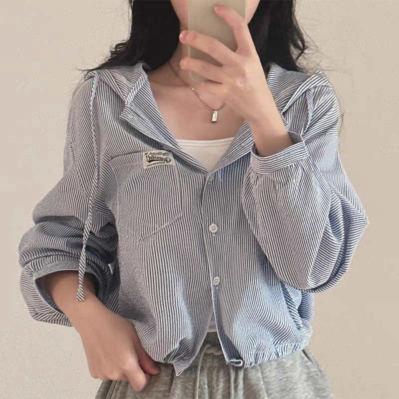 韓版溫柔淡調條紋寬鬆連帽襯衫外套-細節圖4