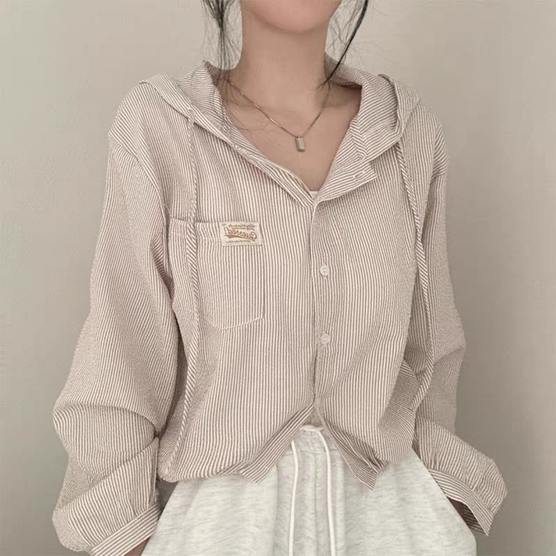 韓版溫柔淡調條紋寬鬆連帽襯衫外套-細節圖5