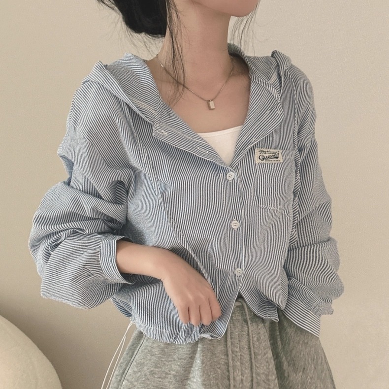 韓版溫柔淡調條紋寬鬆連帽襯衫外套-細節圖6