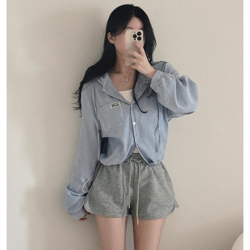 韓版溫柔淡調條紋寬鬆連帽襯衫外套-細節圖7