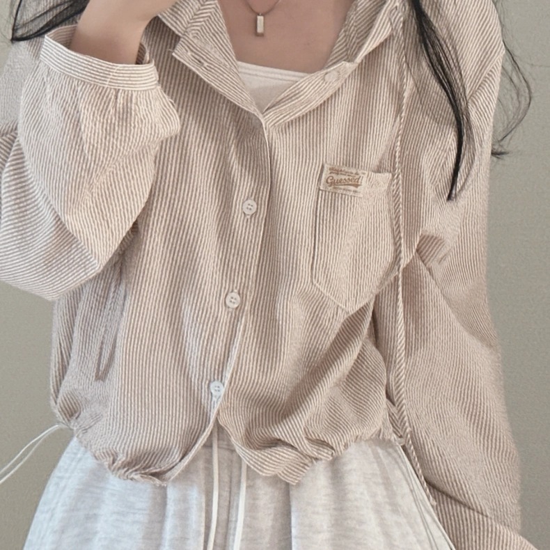 韓版溫柔淡調條紋寬鬆連帽襯衫外套-細節圖8