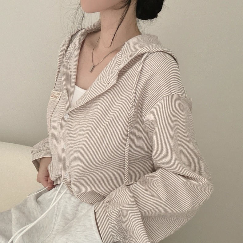 韓版溫柔淡調條紋寬鬆連帽襯衫外套-細節圖9