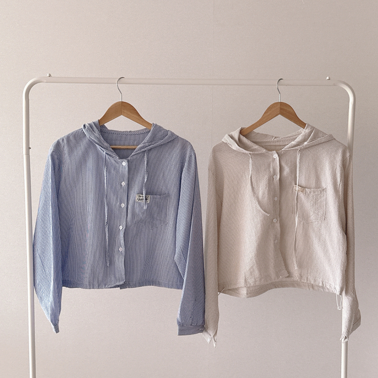 韓版溫柔淡調條紋寬鬆連帽襯衫外套-細節圖10