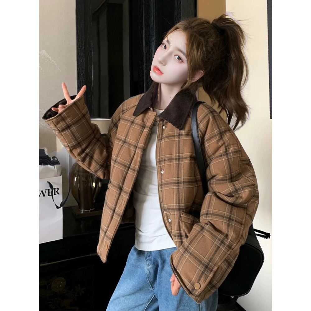 暖咖格紋棉服外套-細節圖2