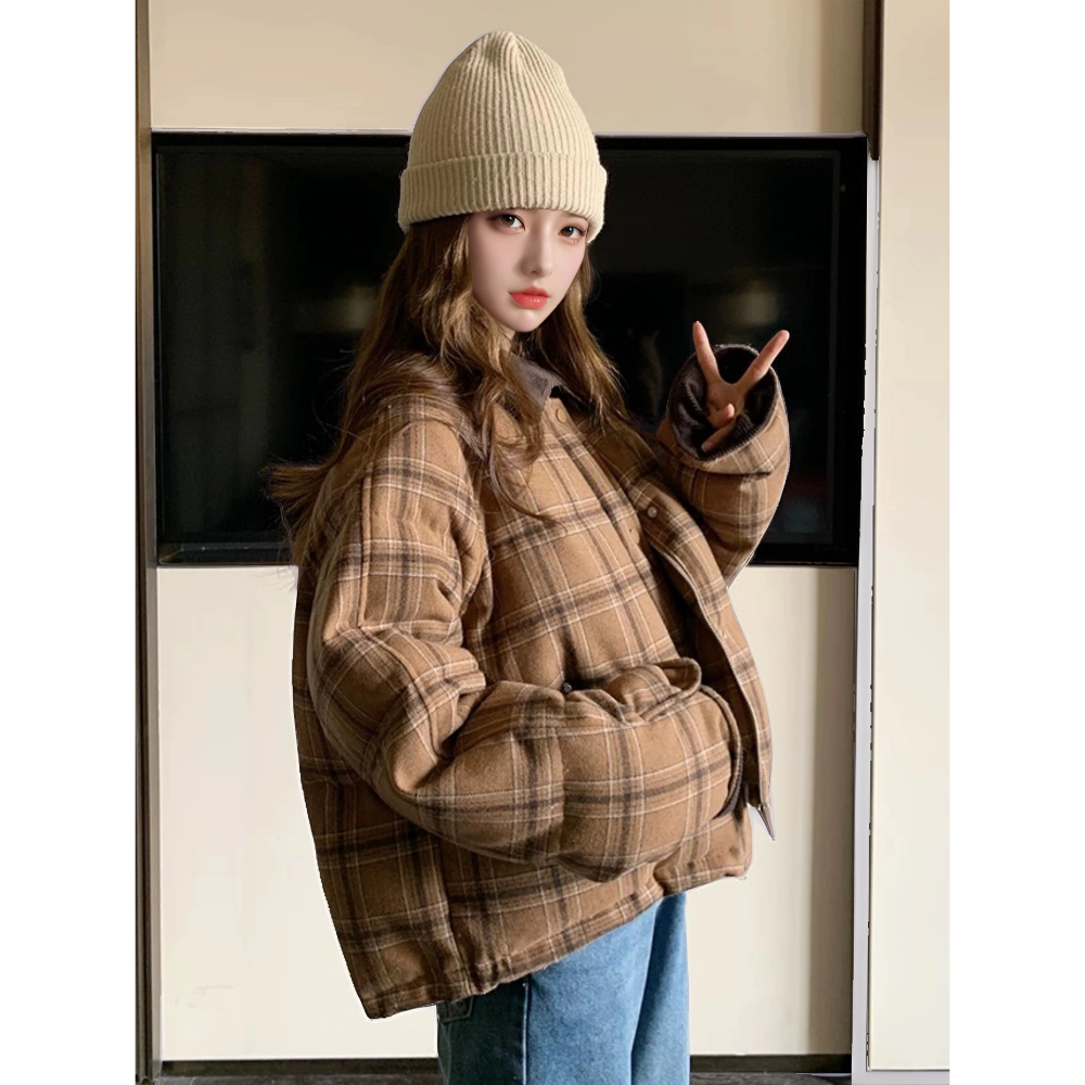 暖咖格紋棉服外套-細節圖3