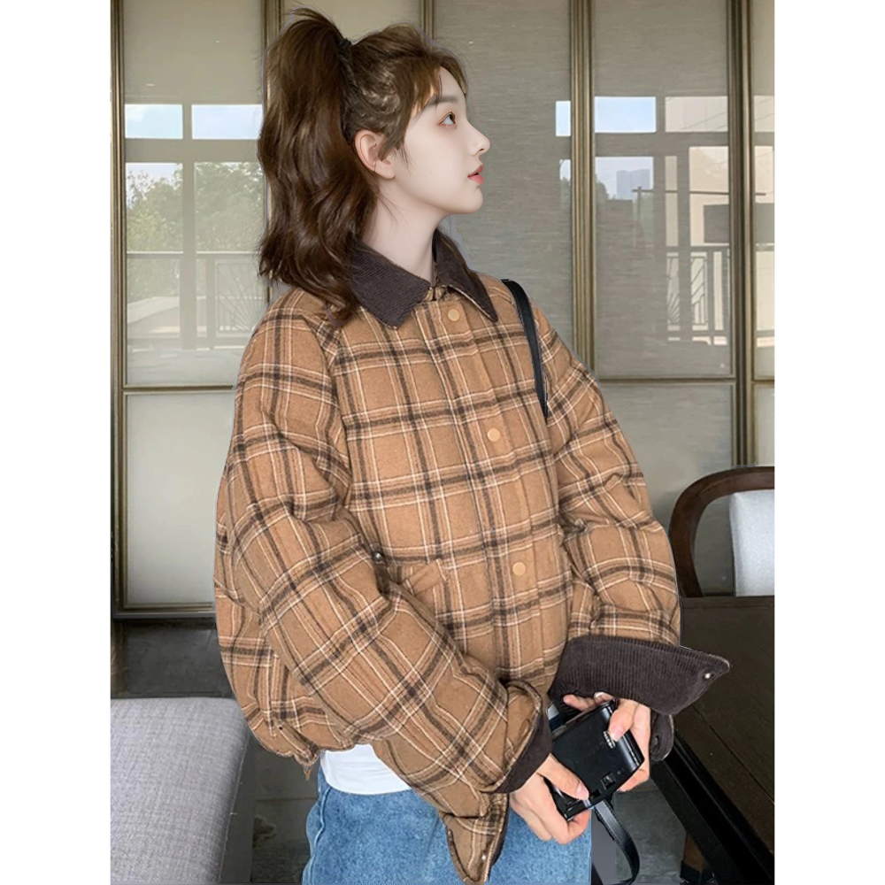 暖咖格紋棉服外套-細節圖4