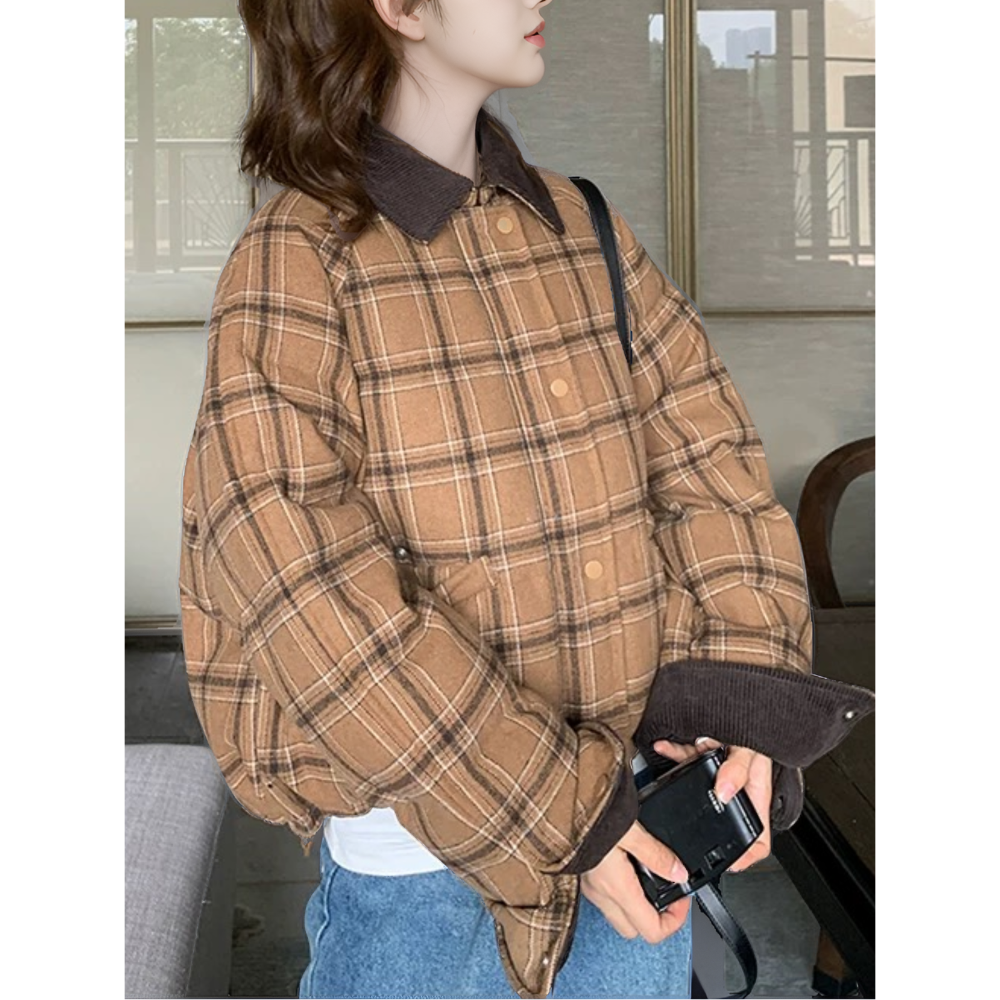 暖咖格紋棉服外套-細節圖9