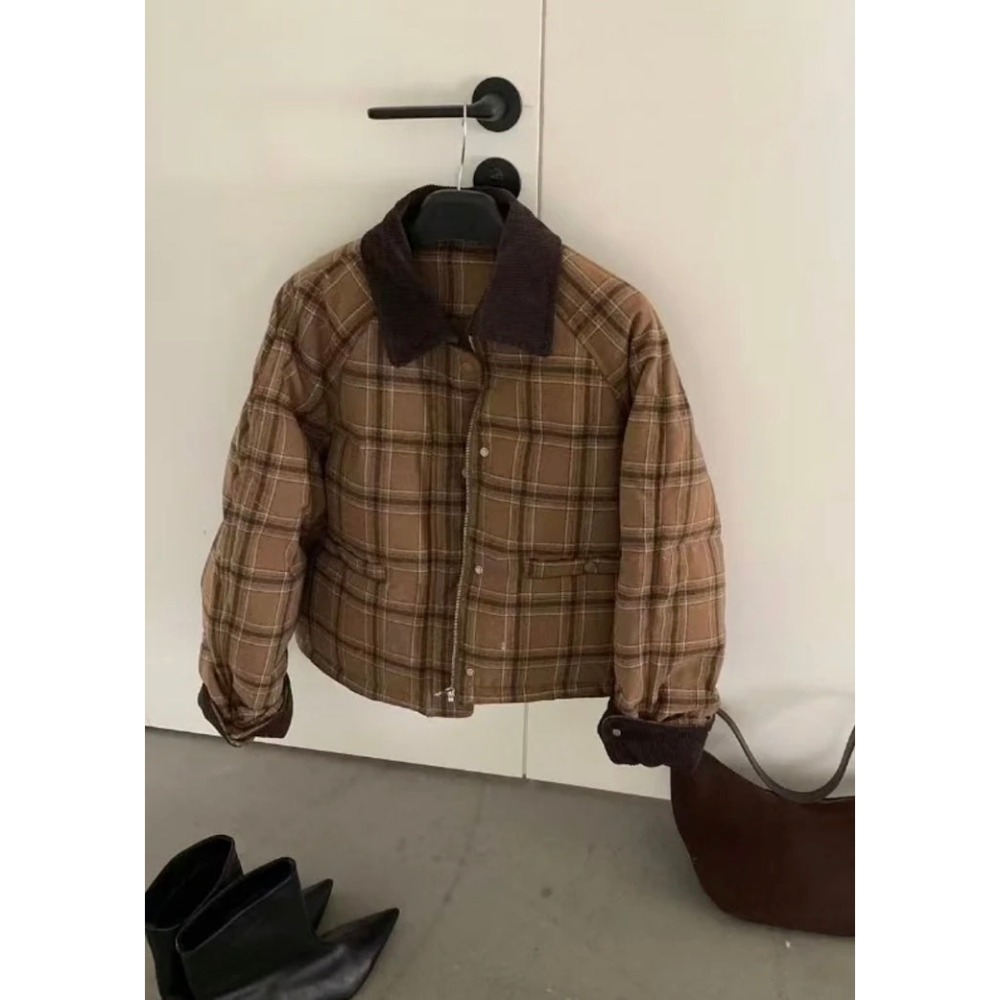 暖咖格紋棉服外套-細節圖10