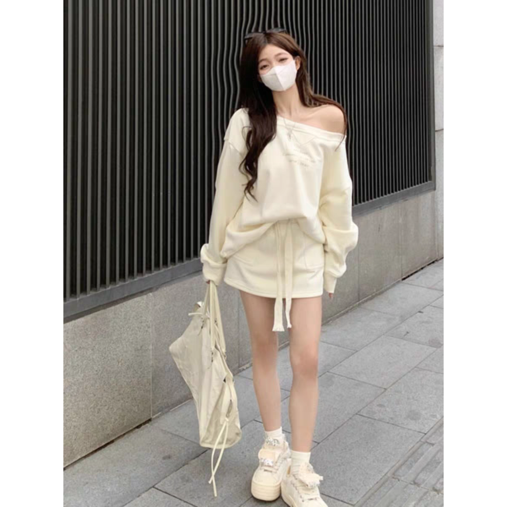 韓版慵懶風斜肩運動休閒短袖+半身裙兩件套-細節圖3