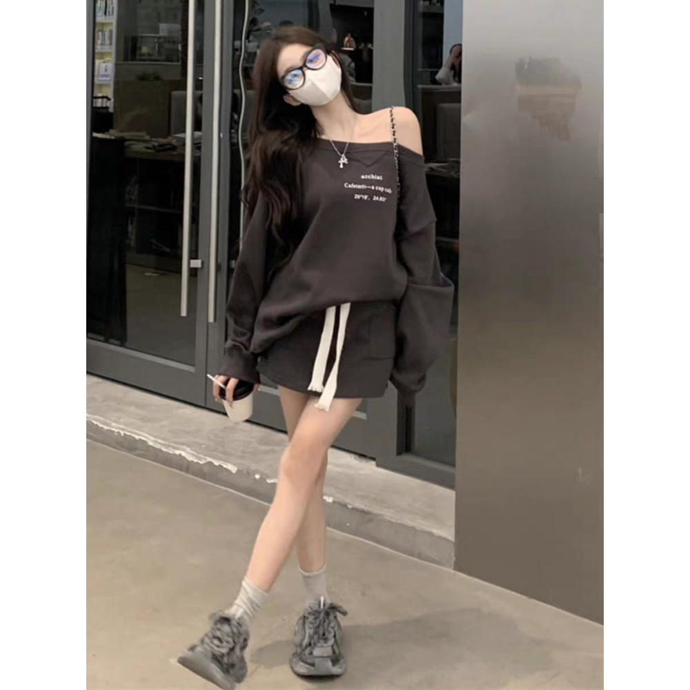 韓版慵懶風斜肩運動休閒短袖+半身裙兩件套-細節圖5