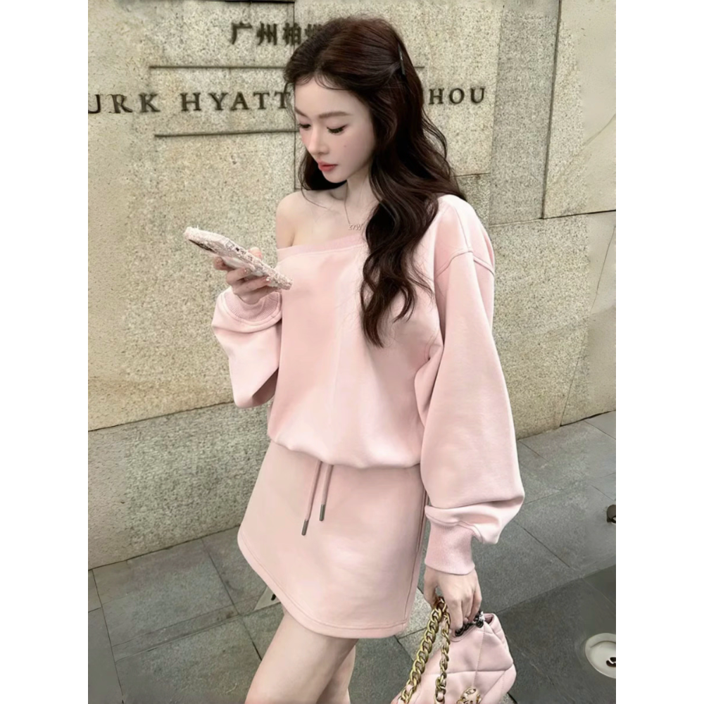 韓版慵懶純欲風斜肩衛衣+短裙兩件式套裝-細節圖2