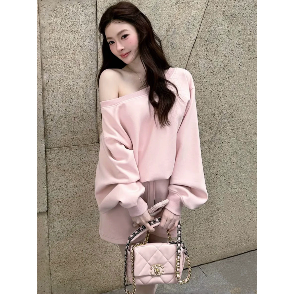 韓版慵懶純欲風斜肩衛衣+短裙兩件式套裝-細節圖3