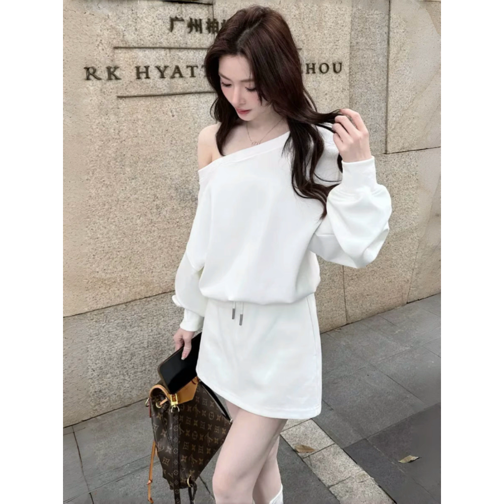 韓版慵懶純欲風斜肩衛衣+短裙兩件式套裝-細節圖7