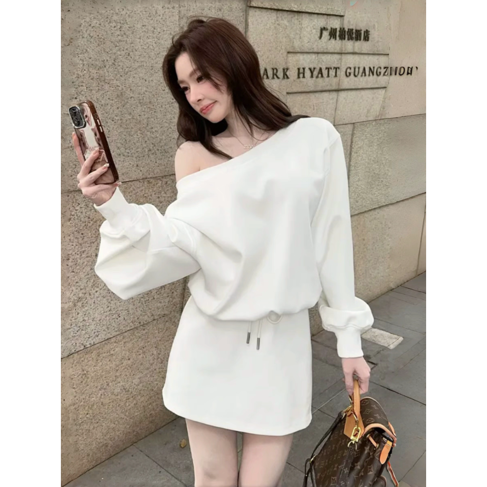 韓版慵懶純欲風斜肩衛衣+短裙兩件式套裝-規格圖8