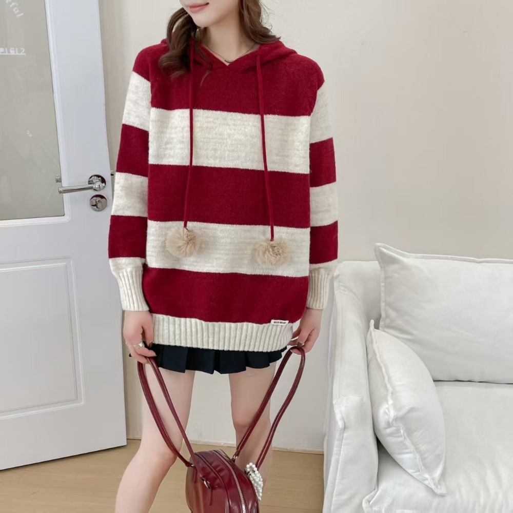 秋冬撞色條紋連帽針織毛衣-細節圖2