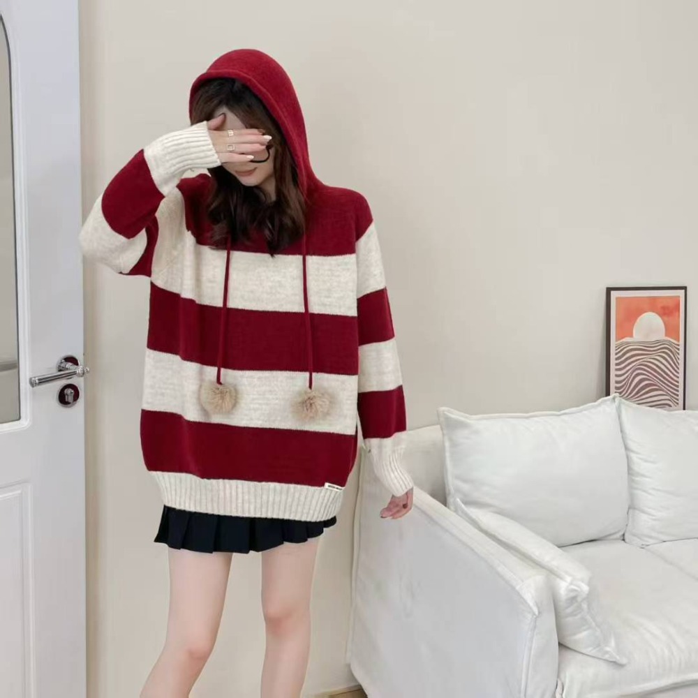 秋冬撞色條紋連帽針織毛衣-細節圖3