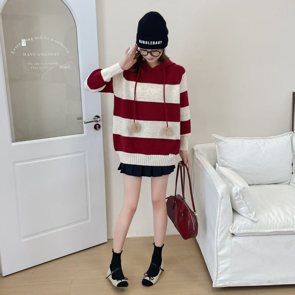 秋冬撞色條紋連帽針織毛衣-細節圖5