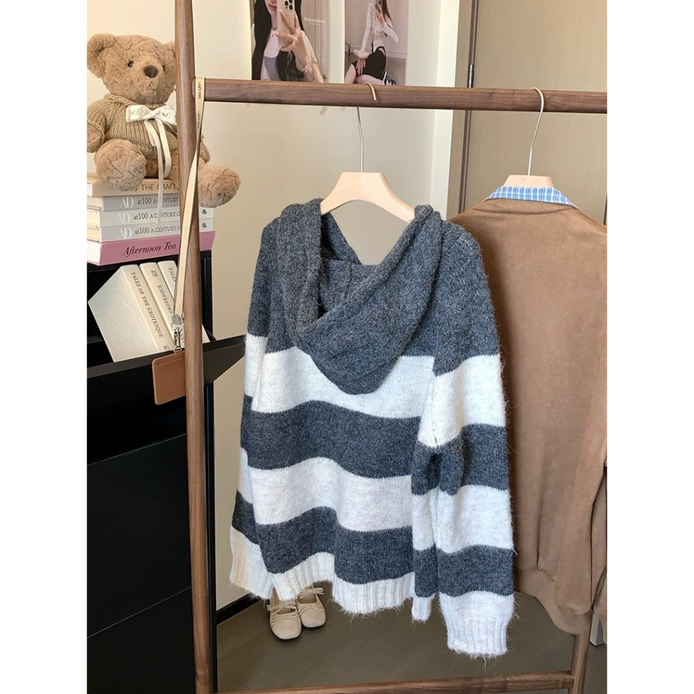 秋冬撞色條紋連帽針織毛衣-細節圖6