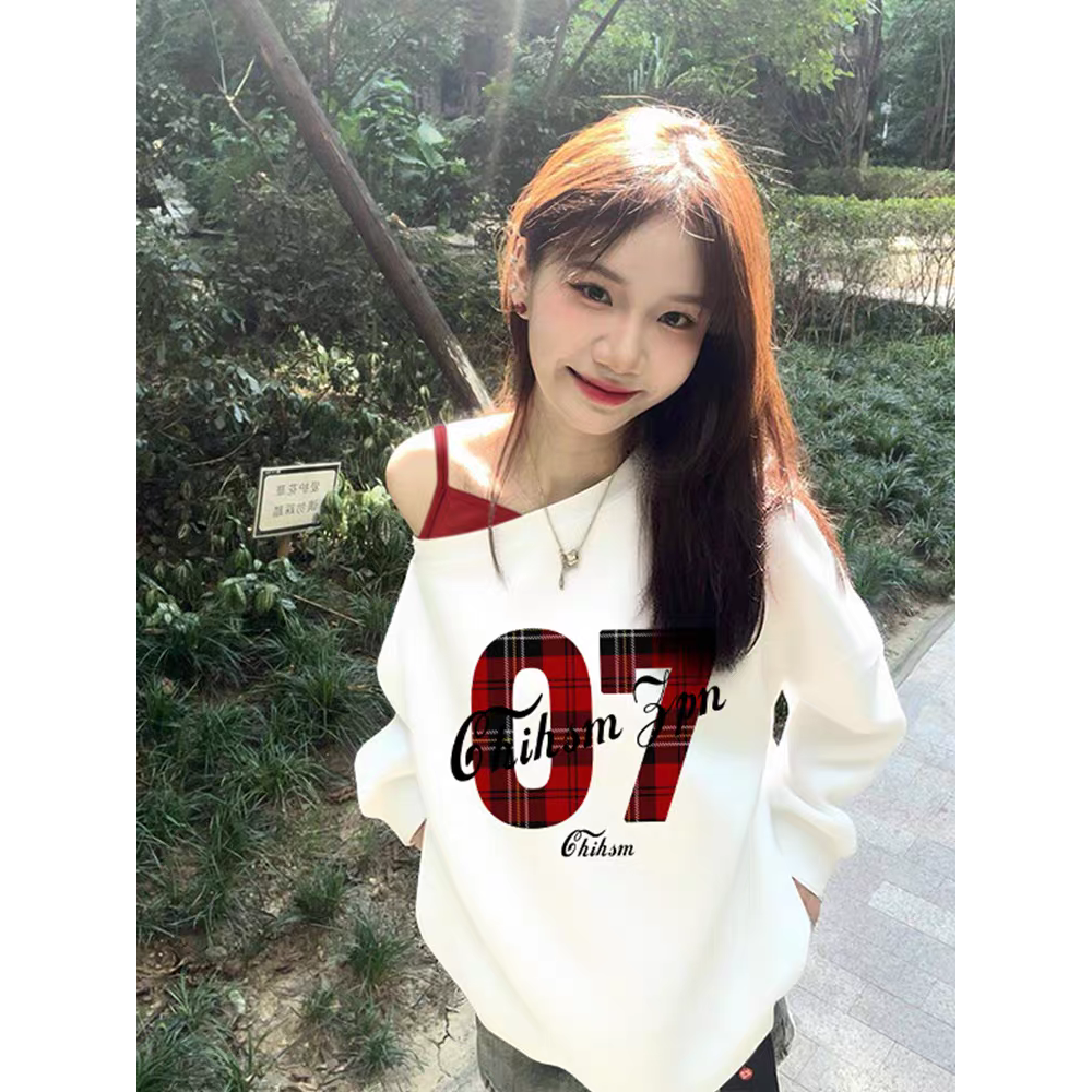 美式辣妹感假兩件斜肩衛衣-細節圖2