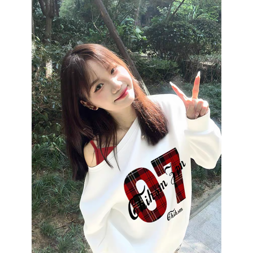 美式辣妹感假兩件斜肩衛衣-細節圖3