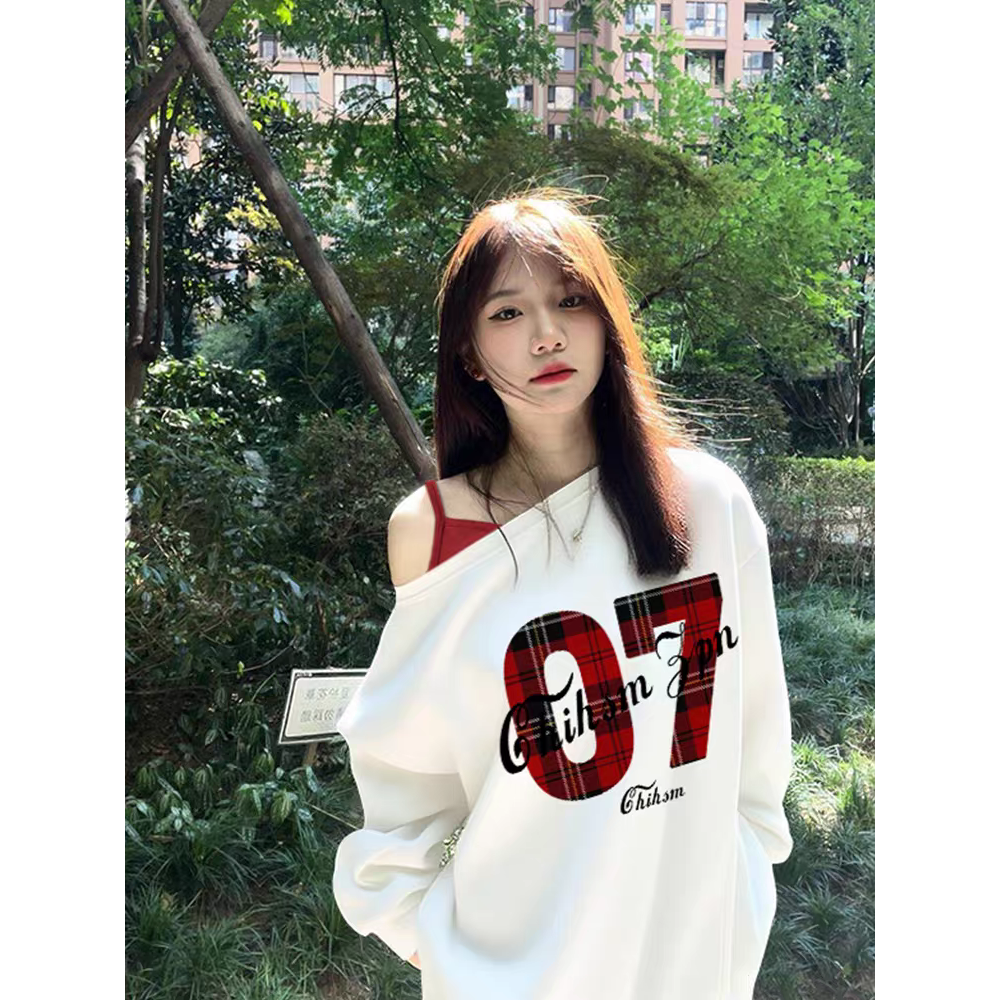 美式辣妹感假兩件斜肩衛衣-細節圖4