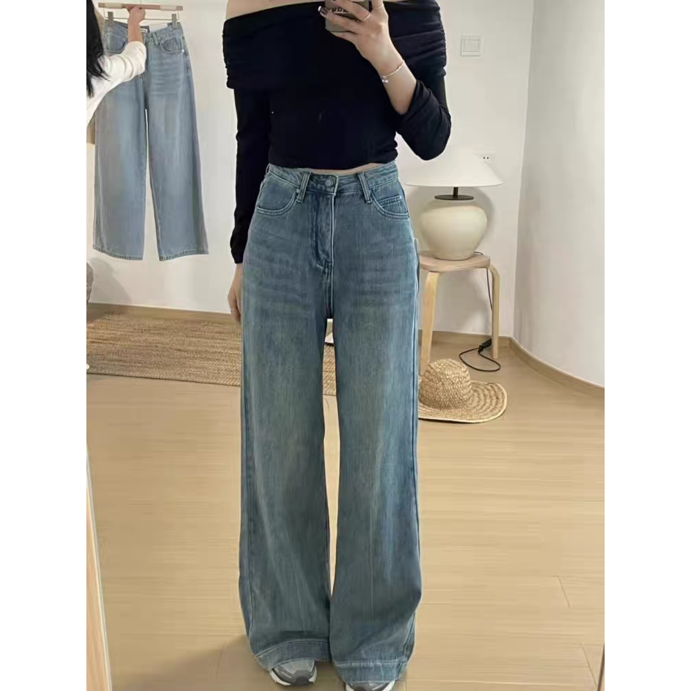 韓版高腰闊腿牛仔長褲-細節圖3