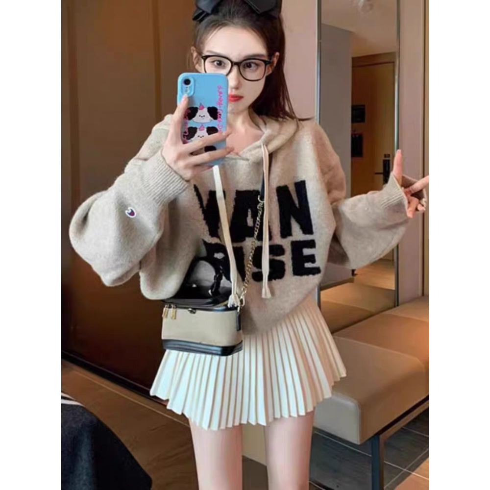 韓妞保暖百搭字母連帽毛衣-細節圖2