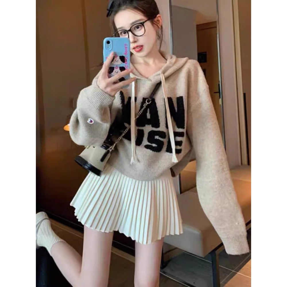 韓妞保暖百搭字母連帽毛衣-細節圖3