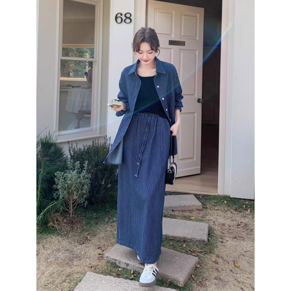 韓版條紋牛仔襯衫長裙兩件式套裝-細節圖2