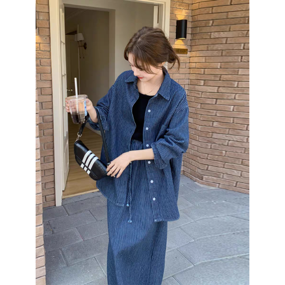 韓版條紋牛仔襯衫長裙兩件式套裝-細節圖3