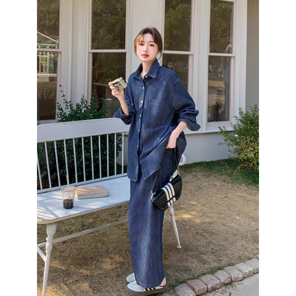 韓版條紋牛仔襯衫長裙兩件式套裝-細節圖4