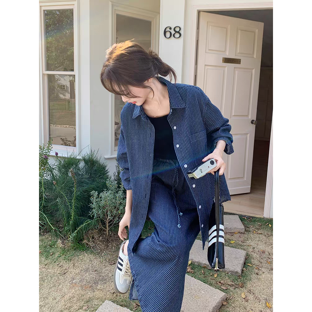 韓版條紋牛仔襯衫長裙兩件式套裝-細節圖5