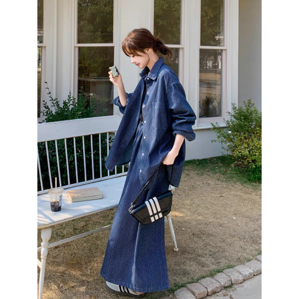 韓版條紋牛仔襯衫長裙兩件式套裝-細節圖6