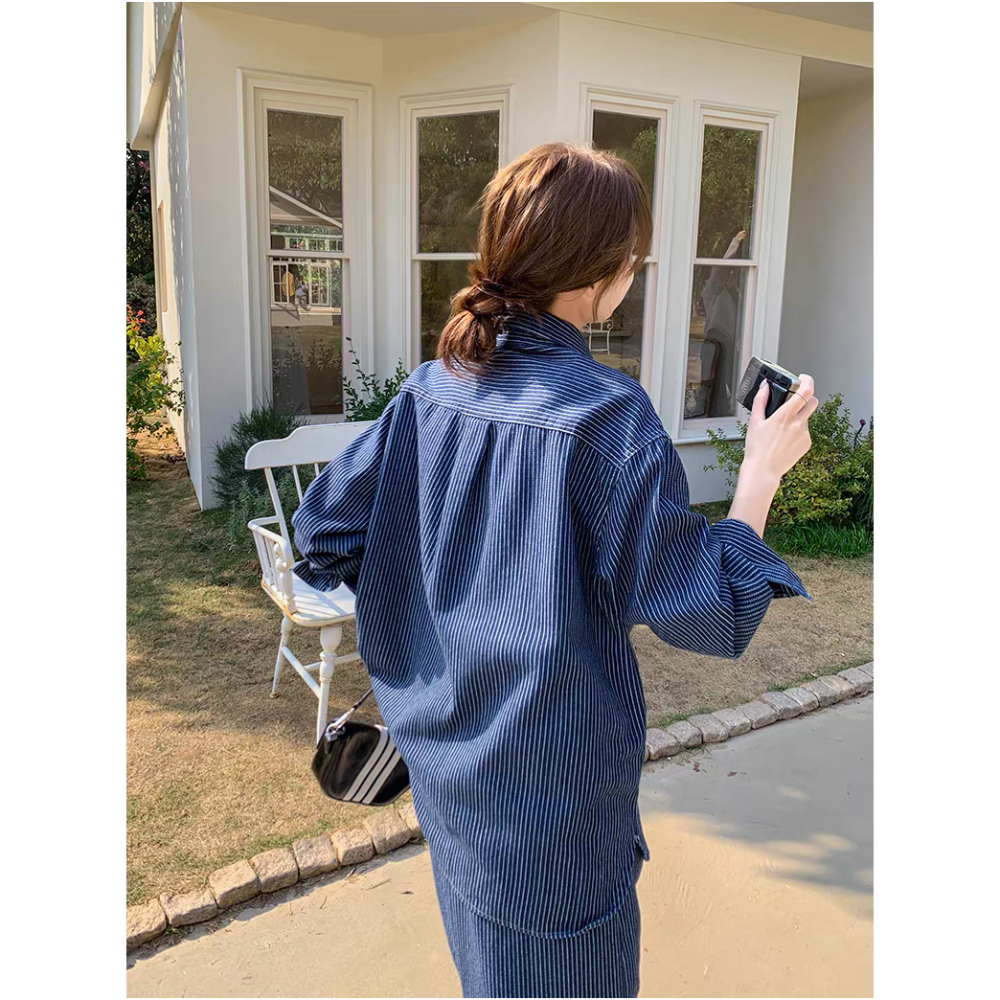 韓版條紋牛仔襯衫長裙兩件式套裝-細節圖7