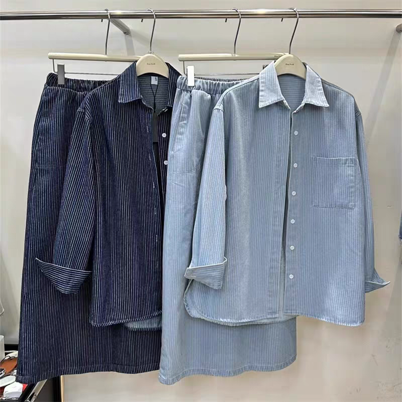 韓版條紋牛仔襯衫長裙兩件式套裝-細節圖8