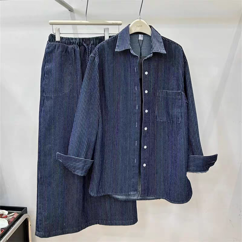 韓版條紋牛仔襯衫長裙兩件式套裝-細節圖9