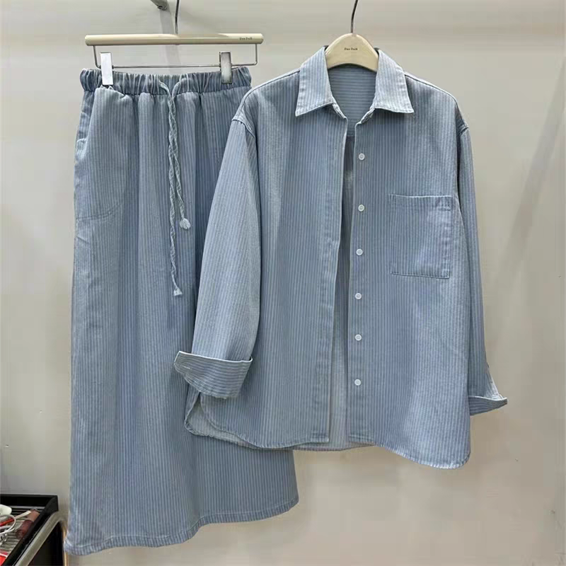 韓版條紋牛仔襯衫長裙兩件式套裝-細節圖10