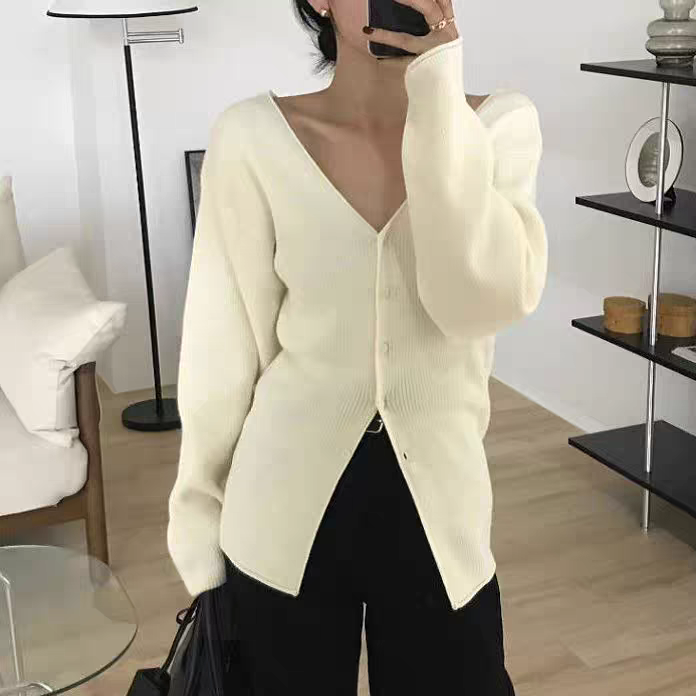 韓國奶白V領修身針織外套-細節圖2