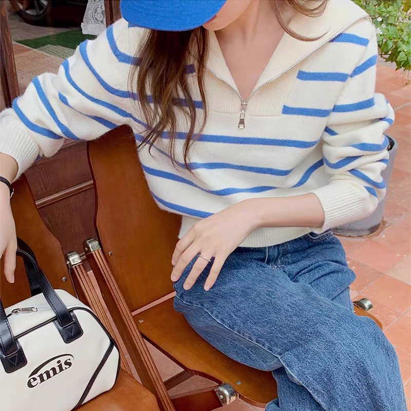 韓版海軍領半拉鏈條紋針織毛衣-細節圖3