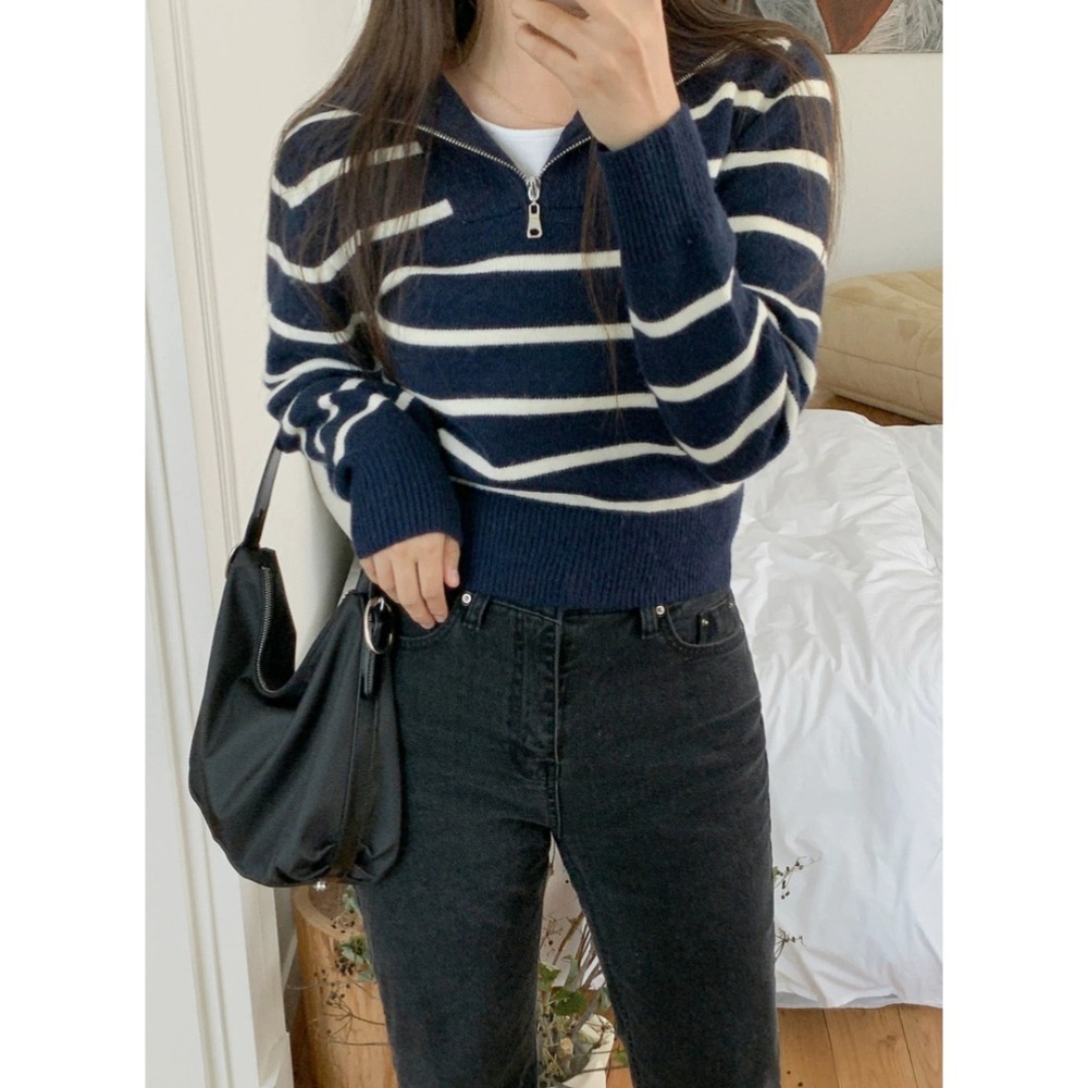 韓版海軍領半拉鏈條紋針織毛衣-細節圖6