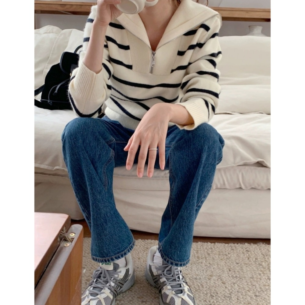 韓版海軍領半拉鏈條紋針織毛衣-細節圖7