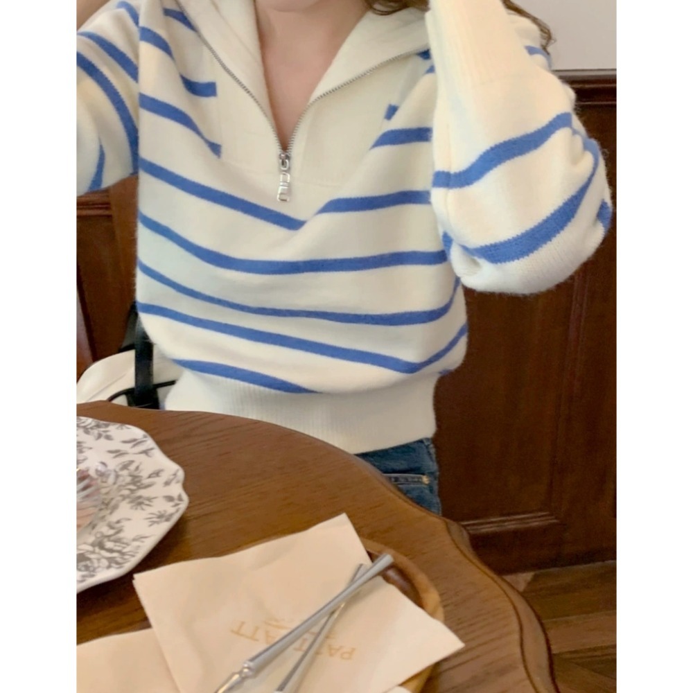 韓版海軍領半拉鏈條紋針織毛衣-細節圖9