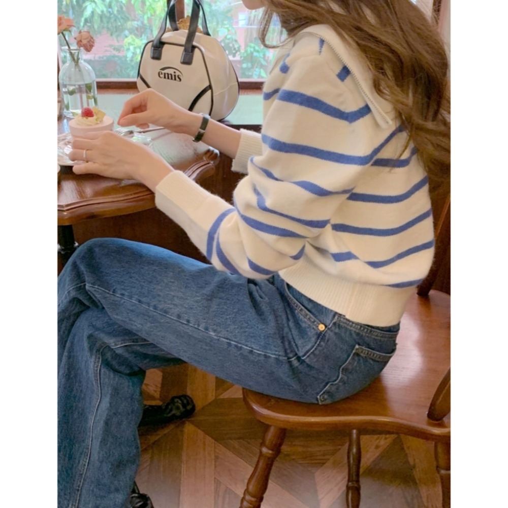 韓版海軍領半拉鏈條紋針織毛衣-細節圖10