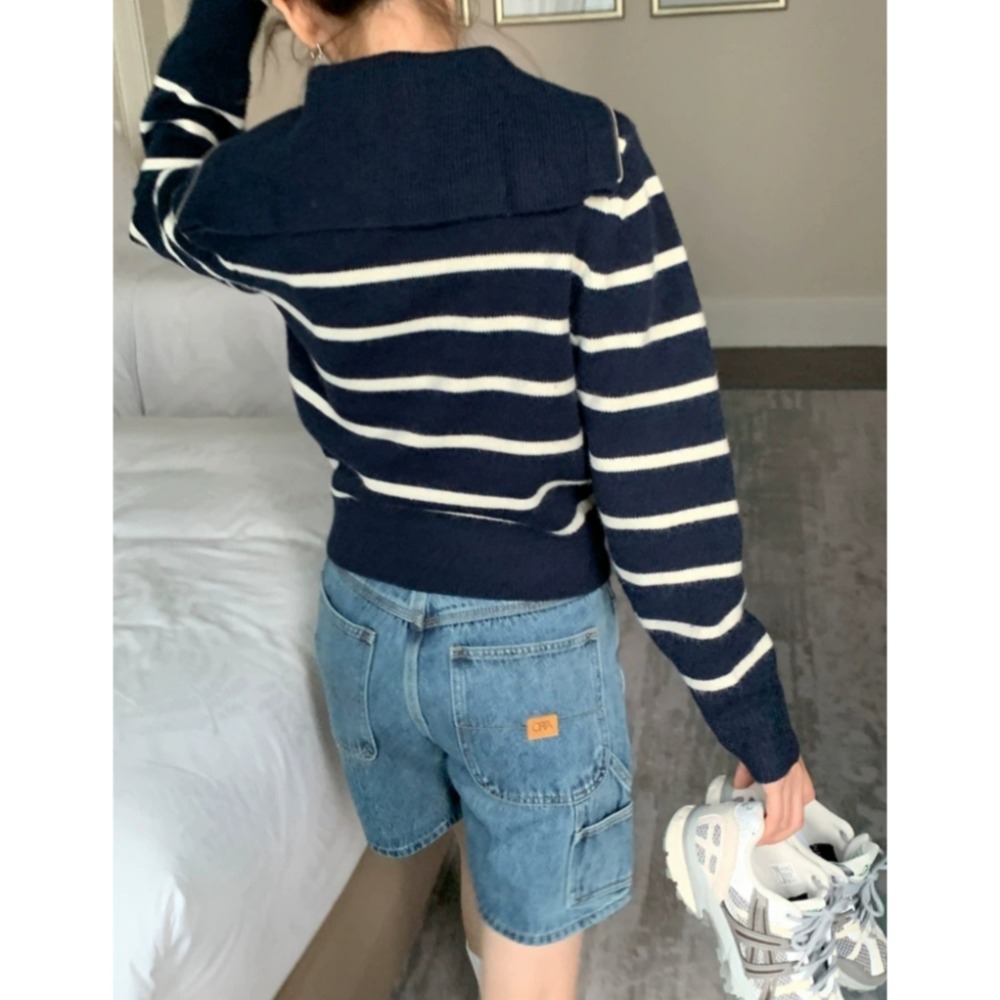 韓版海軍領半拉鏈條紋針織毛衣-細節圖11