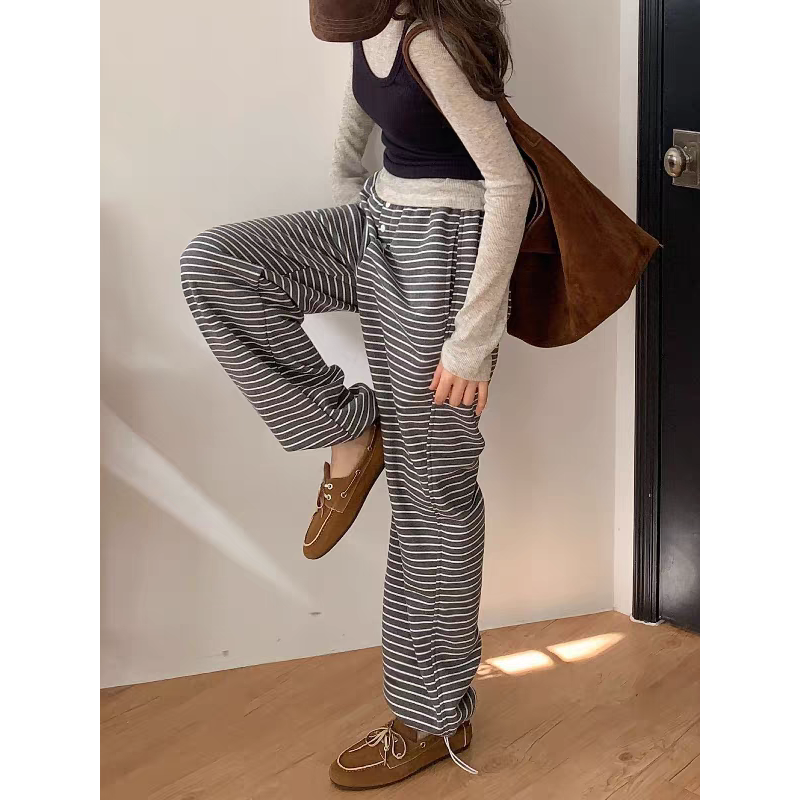 正韓條紋抽繩棉質休閒褲-細節圖3