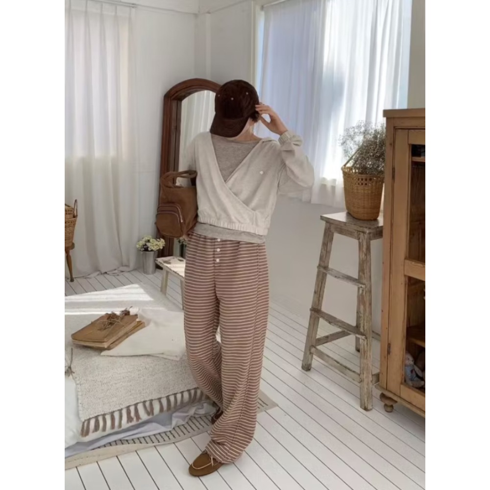 正韓條紋抽繩棉質休閒褲-細節圖4